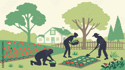 Three silhouette gardeners actively cultivating a lush home garden illustration, harvesting fresh vegetables and planting vibrant flowers near a charming house.