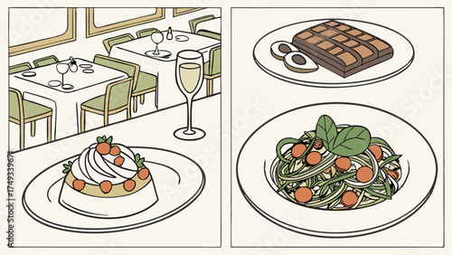 Clean line art illustration of an upscale restaurant setting featuring a strawberry dessert, white wine, grilled steak, and fresh pasta dishes.