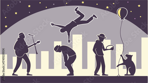 Whimsical night scene illustration of diverse street performers in silhouette, including a guitarist, acrobat, busker, and bear with a balloon, against a starry urban skyline.
