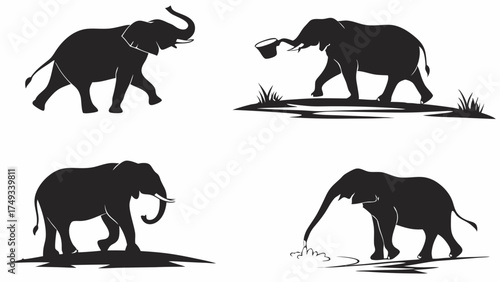 Monochrome Black Elephant Silhouettes Vector Clip Art Set Four Poses Walking Drinking and Holding a Bucket Wildlife Animal Graphics