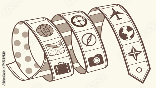Sepia illustration of a spiraling travel ribbon or tie, adorned with adventure icons like airplane, globe, map, compass, and camera, symbolizing a journey.