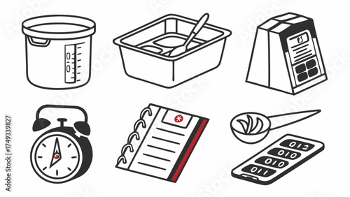 Black and white line art icons of kitchen and data tools measuring cup, food container, digital timer, alarm clock, notebook, ingredient spoon, smartphone.
