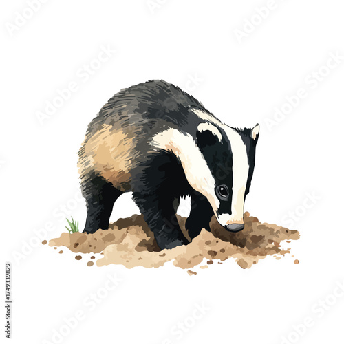 Wild European Badger Digging in Earth Vector Illustration.