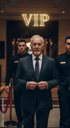 Powerful man with bodyguards entering VIP area, exuding wealth and influence.