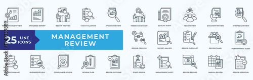 Management Review icon pack collection with performance review, progress report, review meeting