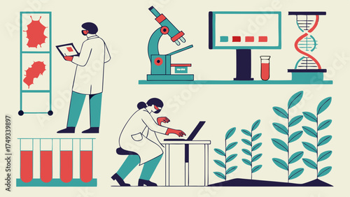 Scientific research lab flat illustration with diverse scientists studying biotechnology, genetics, and agriculture using microscopes, computers, DNA, and plants.