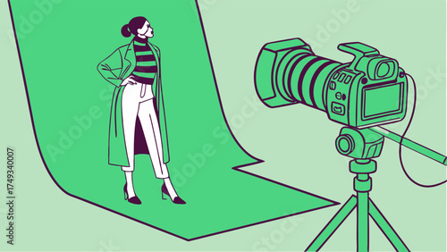 Green screen studio photoshoot with a stylish female model posing for a professional camera on a tripod, a modern minimalist illustration for fashion content.