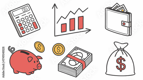 Hand-drawn financial icons set with calculator, money growth graph, wallet, piggy bank, cash stack, and dollar bag for business and savings.