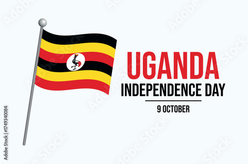 Uganda Independence Day poster vector illustration. Waving flag of uganda icon. Ugandan flag on a pole symbol. Template for background, banner, card. 9 October every year. Important day