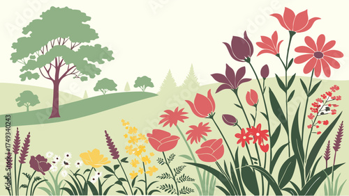 Serene spring garden illustration with vibrant colorful flowers, lush green rolling hills, and trees. Idyllic flat design nature landscape vector art.