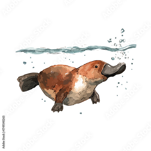 Platypus Swimming Underwater Watercolor Illustration.