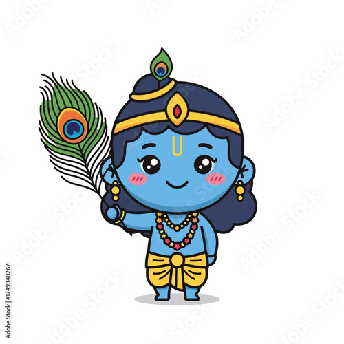Charming cartoon depiction of Lord Krishna with a peacock feather.
