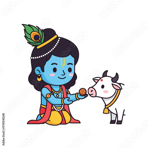 Krishna Offering Laddu to Cow - A Divine Moment of Love.