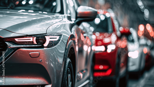 Cars in a row, silver and red, blurred background