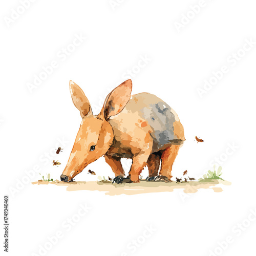 Cute Aardvark Foraging Watercolor Illustration.