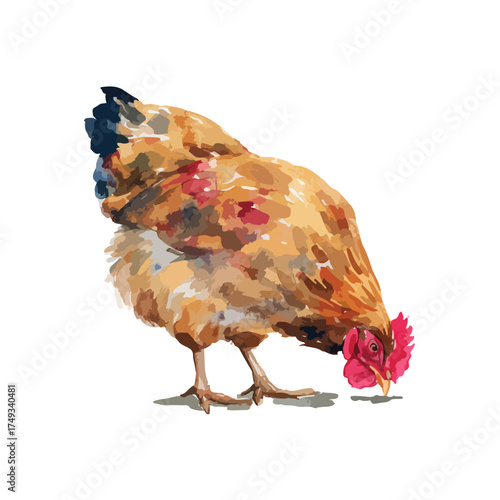 Brown Chicken Pecking Ground Vector Illustration.