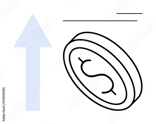 Dollar coin with upward arrow, denoting financial growth. Ideal for economics, investment, savings, market trends, success, revenue profit concepts. Simple flat metaphor