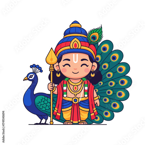Cartoon depiction of Murugan with peacock, spear, and traditional attire.