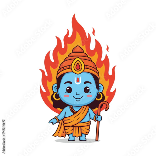 Cute Cartoon Lord Rama with Fire Background.