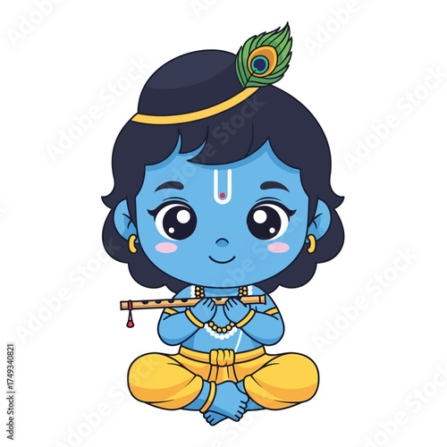 Cute Cartoon Baby Krishna Playing Flute with Peacock Feather.