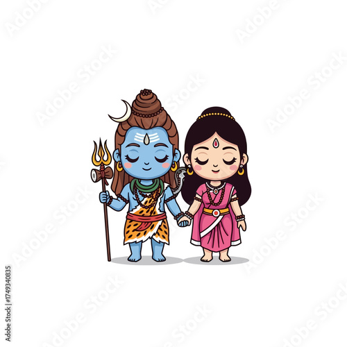 Adorable cartoon depiction of Hindu deities Shiva and Parvati holding hands.