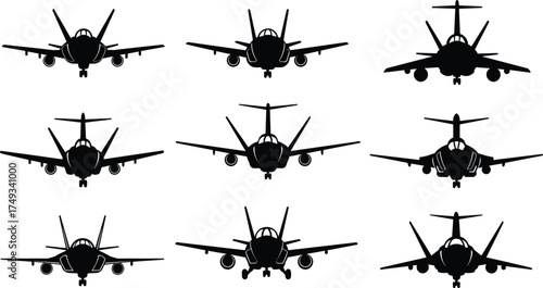 Fighter jet silhouettes, front view aircraft, military aviation grid, warplane comparison, tactical jet profiles, cockpit structure, engine placement, defense icons