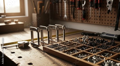 Arrangement of woodworking instruments on an artisan workbench setting