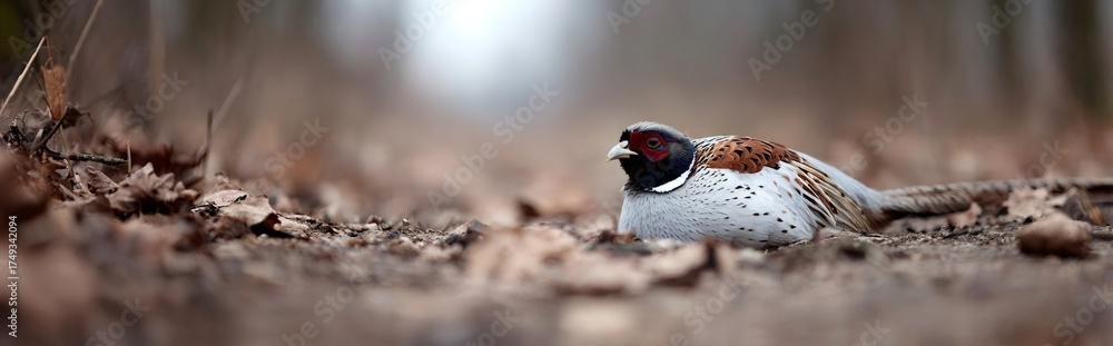 Obraz premium Ring necked pheasant resting on ground in autumn forest