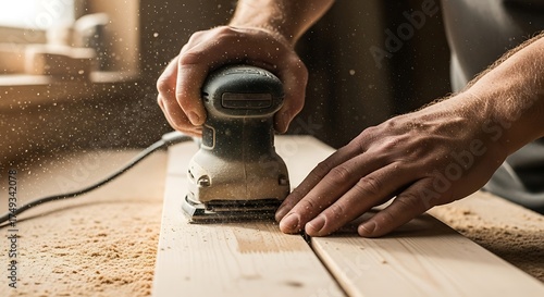 Artisan Smoothing Wood Planks with an Electric Sander in a Workshop
