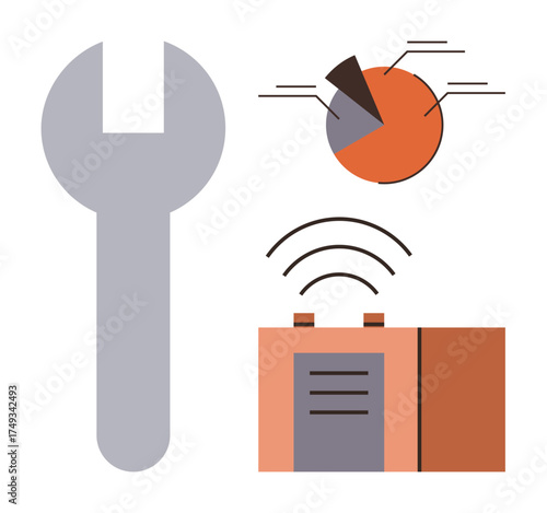 Large wrench, pie chart with data segments, and wireless device emitting signals. Ideal for concepts thumbs up technology, tools, data analysis, connectivity, industry repair innovation. Simple
