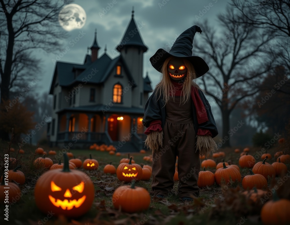 Fototapeta premium A spooky scarecrow stands in a pumpkin patch before a haunted mansion illuminated by jack-o'-lanterns on a cloudy autumn evening halloween costumes costume illustration holiday cartoon party zombie