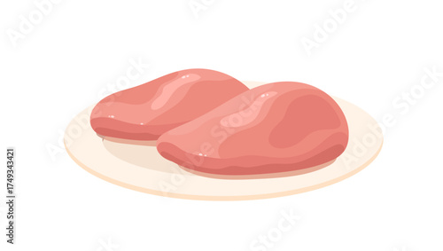 Raw chicken fillet for cooking on plate. Poultry breast, meat for healthy eating, nutrition. Farm food, organic grocery product with protein. Flat isolated vector illustration on white background