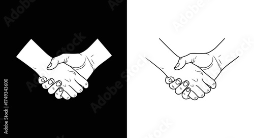 Two hands shaking in a friendly greeting in a minimalist black and white silhouette style