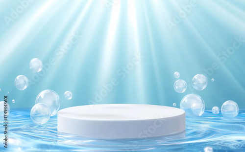 White round podium on a blue water background with sunlight rays, glass balls, and copy space for product presentation design. 