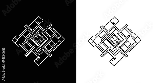 Intricate geometric pattern formed by interlocking lines and squares in a symmetrical silhouette