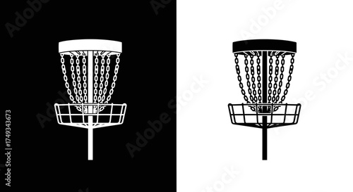Disc golf basket silhouette on black and white backgrounds