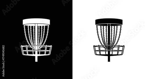 Disc golf basket with chains shown in a clean graphic silhouette style