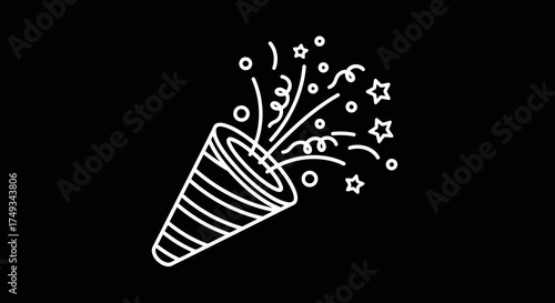 Exploding party popper releasing confetti stars and circles celebration silhouette