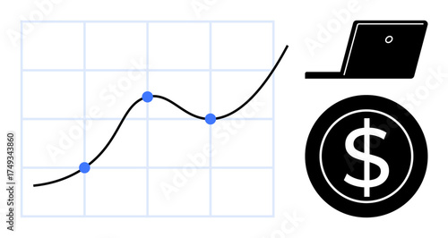Rising line chart with data points on grid, laptop icon, and dollar symbol. Ideal for finance, business growth, economics, investment, data analysis profit digital tools. Simple flat metaphor