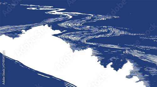 Hand drawn Japanese-inspired abstract river design with flowing lines and indigo tones. Evokes traditional woodblock art, symbolizing movement, nature, and calm simplicity.