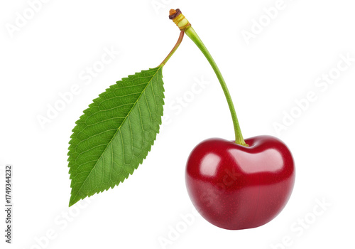 Fotografie Ripe red cherry with leaf isolated on transparent background PNG, fresh fruit fo