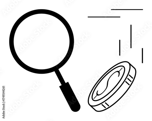 Magnifying glass examining coin amid abstract lines to signify investigation, analysis, value assessment. Ideal for finance, research, investment, inspection, auditing education trading. Simple