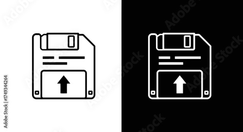 Retro floppy disk icon with upload arrow in a clean line art silhouette style