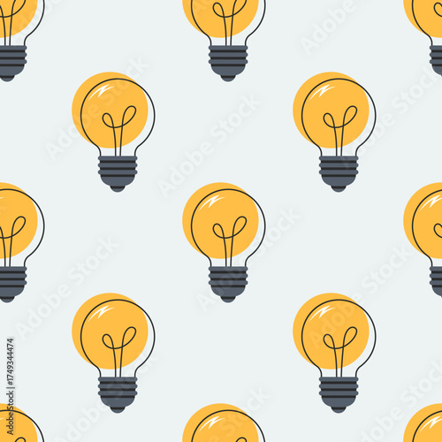 Cartoon seamless pattern of light bulb. Concept of creative idea, brainstorm, innovative solutions, inspiration, energy. Minimalist background for wallpaper, poster, banner, print, wrapping paper