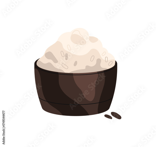 Pottery bowl of rice seeds or soy beans. Icon of soybeans. Organic food for healthy eating, nutrition. Natural product, ingredient for cooking. Flat isolated vector illustration on white background