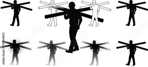 Construction Worker Carrying Pipes Silhouette Set – Vector Styles, Halftone, Blueprint Outline, Industrial Labor, Material Transport, Graphic Design Variations