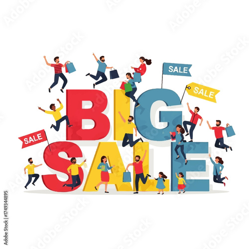 Animated illustration depicting excited people celebrating a big sale event with shopping bags.