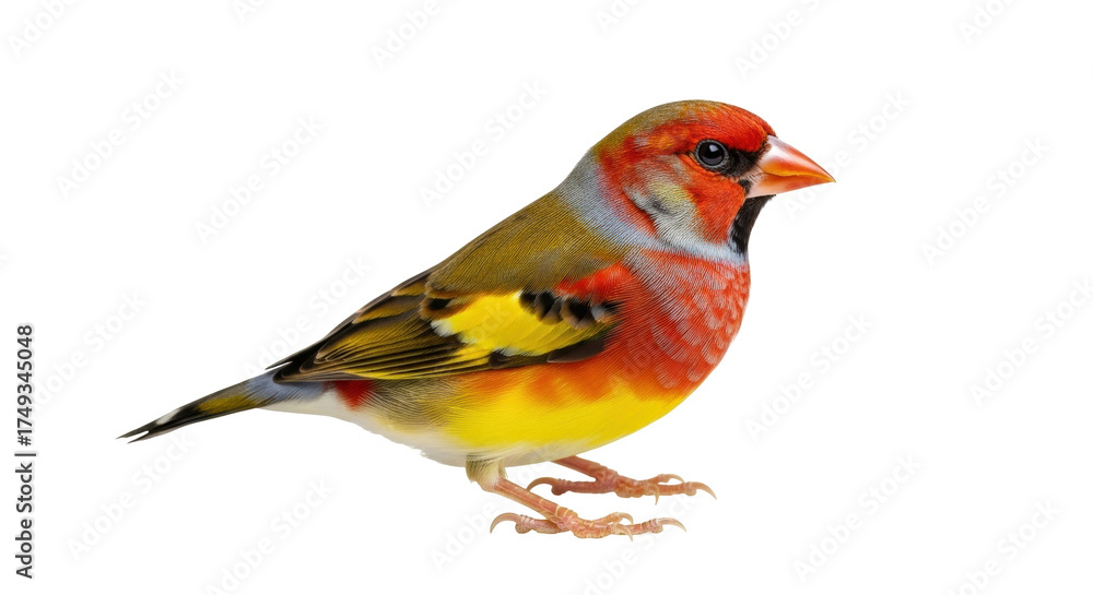 Fototapeta premium Isolated male Gouldian finch is standing with its beautiful colors, on clean background