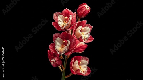 Elegant red orchid blossoms against a stark black backdrop studio lighting