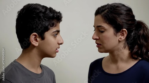 An angry mother has a serious and confrontational argument with her teenage son. The parent is scolding the child, showing family conflict and discipline. Parenting and teenage relationship issues